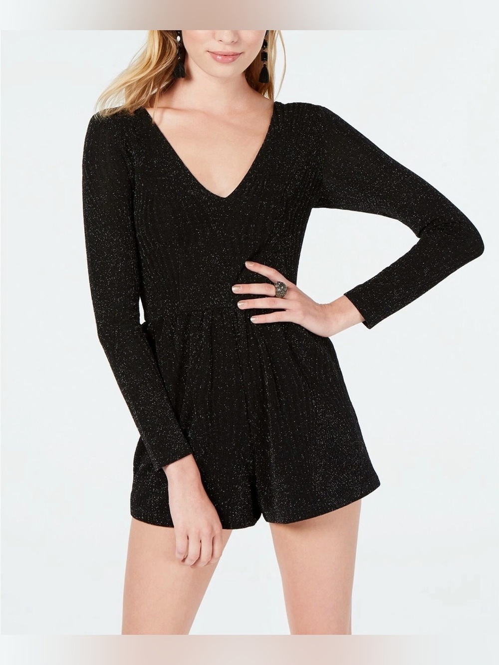 Trixxi Black Metallic Glitter Long Sleeve
V-Neck Romper Jumpsuit Size L